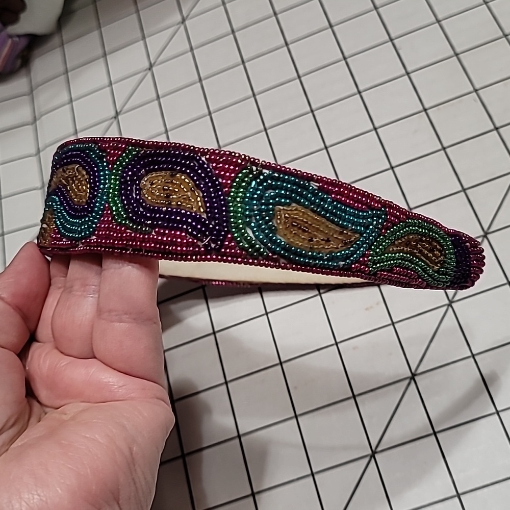 Beaded Headband Metallic pink turquoise purple gold paisley beadwork-GentlPrelvd